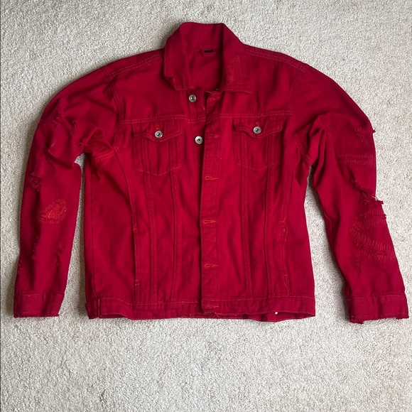 VINTAGE Distressed Deep Red Denim Jacket - Picture 7 of 8